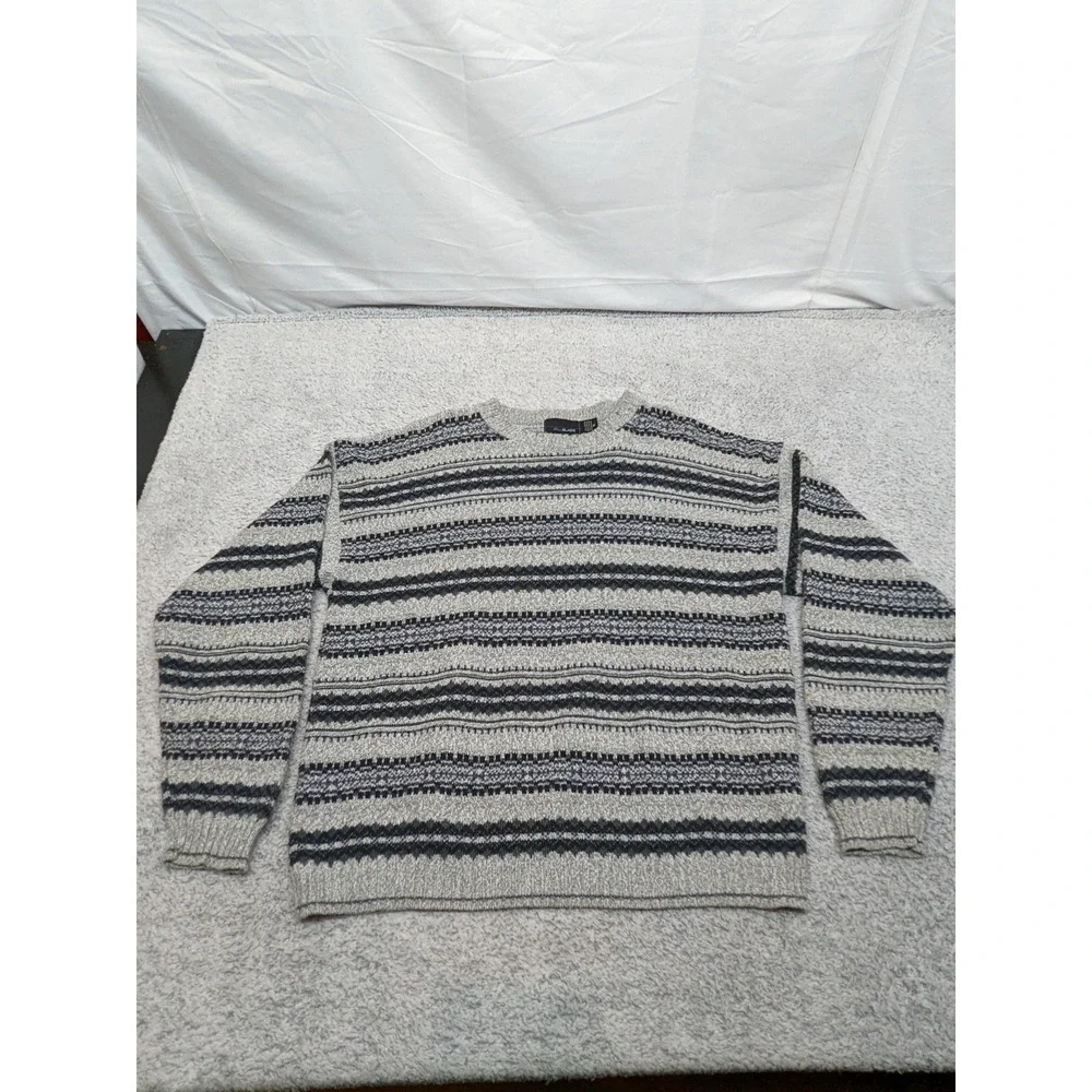 Bill Blass Fisherman‎ Striped Sweater Gray Mens Chunky Grandpa Preppy Retro XL